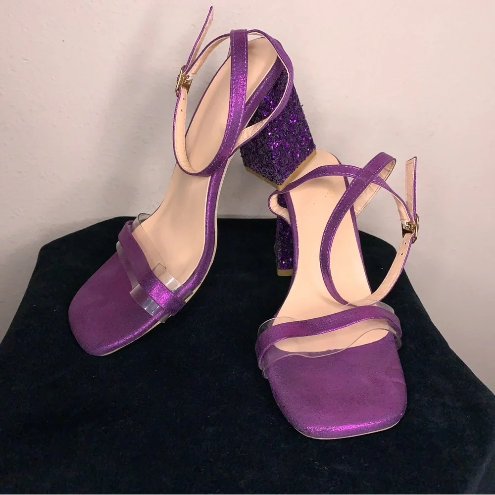 Y2K Era Size 6 Purple Glitter Chunky Heel Shoes Party Event Prom Square Toe